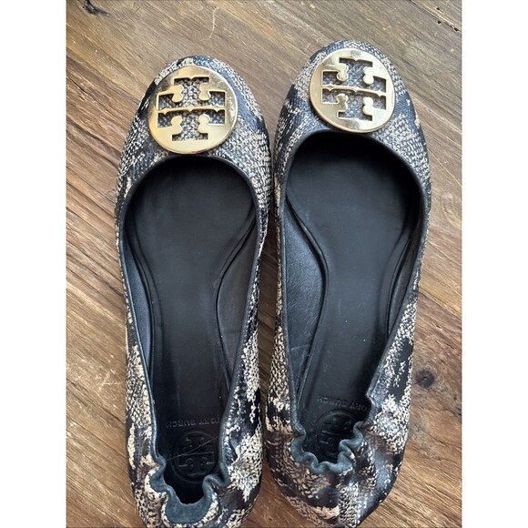 Tory Burch Snakeskin Roccia gold logo ballet pumps classic Designer SoHo EUC S11 - Picture 1 of 5